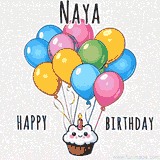 An adorable and cute cupcake with a smiley face and moving colorful balloons create a joyful birthday greeting for Naya in this cheerful animated greeting E-card.