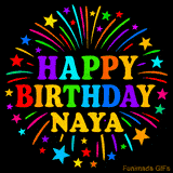 Personalized greeting card with name, colorful text that says 'Happy Birthday Naya' surrounded by animated fireworks and multicolor stars