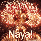 Shimmering birthday animation featuring spectacular gold fireworks and a red gift box personalized for Naya.