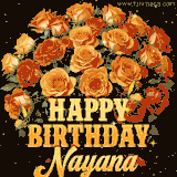 Animated bouquet of orange roses with moving butterfles and golden 'Happy Birthday Nayana' text, surrounded by sparkling accents and a dark backdrop for a luxurious feel.