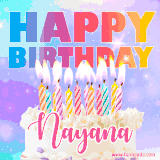 A vibrant animated name GIF with the words 'Happy Birthday Nayana' with colorful candles on a creamy cake. The background sparkles with pastel shades, adding a festive touch.