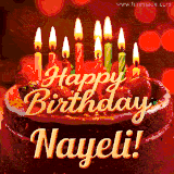 Beautifully decorated red velvet berry birthday cake with vibrant fruits and a glowing 'Nayeli' name, adding a touch of sweetness and sparkle.