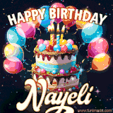 Bright birthday animation for Nayeli with a chocolate cake, candles, balloons, and glowing celebratory lights.
