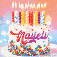 Personalized for Nayeli elegant birthday cake adorned with rainbow sprinkles, colorful candles and glitter
