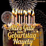 A chocolate birthday cake with glowing candles, the German text 'Alles Gute zum Geburtstag Nayely,' and vibrant fireworks lighting up the background in an animated GIF.
