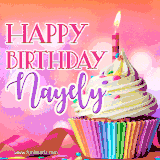 A vibrant birthday GIF featuring a rainbow-colored cupcake topped with white frosting, sprinkles, and a lit candle. The text reads 'Happy Birthday Nayely' in bold pink and violet letters with white outline.
