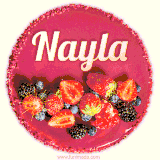 Beautifully decorated red velvet berry birthday cake with vibrant fruits and a glowing 'Nayla' name, adding a touch of sweetness and sparkle.