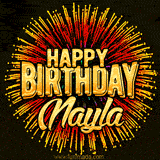 Golden 'Happy Birthday Nayla' text accompanied by animated rainbow fireworks for a festive animated greeting.