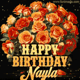 Animated bouquet of orange roses with moving butterfles and golden 'Happy Birthday Nayla' text, surrounded by sparkling accents and a dark backdrop for a luxurious feel.