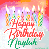 Bright birthday candles with rainbow flames on a cake, alongside the text 'Happy Birthday Naylah' in vibrant script in this celebratory animated GIF.
