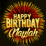 Golden 'Happy Birthday Naylah' text accompanied by animated rainbow fireworks for a festive animated greeting.