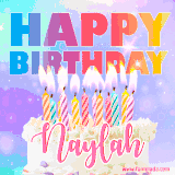 A vibrant animated name GIF with the words 'Happy Birthday Naylah' with colorful candles on a creamy cake. The background sparkles with pastel shades, adding a festive touch.