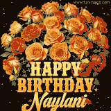 Animated bouquet of orange roses with moving butterfles and golden 'Happy Birthday Naylani' text, surrounded by sparkling accents and a dark backdrop for a luxurious feel.