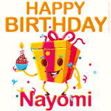 A vibrant and funny gift box character with a happy face dancing with a cupcake and the text 'Happy Birthday Nayomi,' surrounded by animated confetti and party vibes.