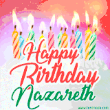 Bright birthday candles with rainbow flames on a cake, alongside the text 'Happy Birthday Nazareth' in vibrant script in this celebratory animated GIF.