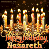 A glowing personalized birthday GIF with name Nazareth featuring lit candles with intricate designs, warm lighting, and the text 'Happy Birthday' in an elegant font.