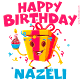 A vibrant and funny gift box character with a happy face dancing with a cupcake and the text 'Happy Birthday Nazeli,' surrounded by animated confetti and party vibes.