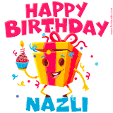 A vibrant and funny gift box character with a happy face dancing with a cupcake and the text 'Happy Birthday Nazli,' surrounded by animated confetti and party vibes.