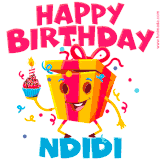 A vibrant and funny gift box character with a happy face dancing with a cupcake and the text 'Happy Birthday Ndidi,' surrounded by animated confetti and party vibes.