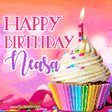 A vibrant birthday GIF featuring a rainbow-colored cupcake topped with white frosting, sprinkles, and a lit candle. The text reads 'Happy Birthday Neasa' in bold pink and violet letters with white outline.