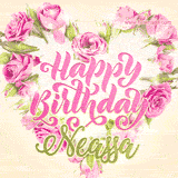 A stunning heart made of pink roses surrounds the elegant script text 'Happy Birthday Neassa' on a soft beige background. Animated sparkles add a magical and festive feel.