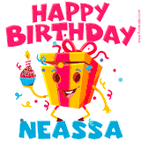 A vibrant and funny gift box character with a happy face dancing with a cupcake and the text 'Happy Birthday Neassa,' surrounded by animated confetti and party vibes.