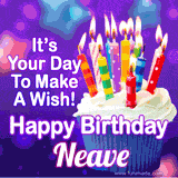 A colorful birthday GIF for Neave featuring a cupcake with vibrant lit candles and the text 'It's Your Day to Make a Wish! Happy Birthday Neave' in bold letters on a festive purple background.