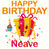 A vibrant and funny gift box character with a happy face dancing with a cupcake and the text 'Happy Birthday Neave,' surrounded by animated confetti and party vibes.