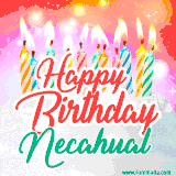 Bright birthday candles with rainbow flames on a cake, alongside the text 'Happy Birthday Necahual' in vibrant script in this celebratory animated GIF.