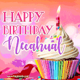 A vibrant birthday GIF featuring a rainbow-colored cupcake topped with white frosting, sprinkles, and a lit candle. The text reads 'Happy Birthday Necahual' in bold pink and violet letters with white outline.