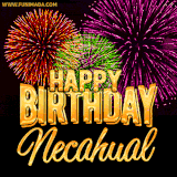 A golden 'Happy Birthday Necahual' message with vibrant fireworks in the background, creating a festive and celebratory vibe in this animated name GIF.