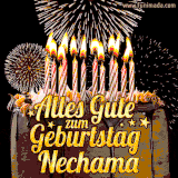 A chocolate birthday cake with glowing candles, the German text 'Alles Gute zum Geburtstag Nechama,' and vibrant fireworks lighting up the background in an animated GIF.
