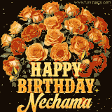 Animated bouquet of orange roses with moving butterfles and golden 'Happy Birthday Nechama' text, surrounded by sparkling accents and a dark backdrop for a luxurious feel.