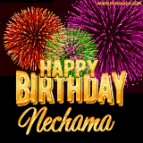 A golden 'Happy Birthday Nechama' message with vibrant fireworks in the background, creating a festive and celebratory vibe in this animated name GIF.