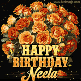 Animated bouquet of orange roses with moving butterfles and golden 'Happy Birthday Neela' text, surrounded by sparkling accents and a dark backdrop for a luxurious feel.