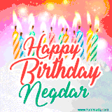 Bright birthday candles with rainbow flames on a cake, alongside the text 'Happy Birthday Negdar' in vibrant script in this celebratory animated GIF.