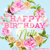 A charming animated GIF featuring 'Happy Birthday Neile' in pink and green text, surrounded by delicate roses, leaves, and fluttering butterflies on a soft light blue pastel background.