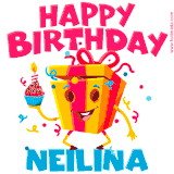 A vibrant and funny gift box character with a happy face dancing with a cupcake and the text 'Happy Birthday Neilina,' surrounded by animated confetti and party vibes.