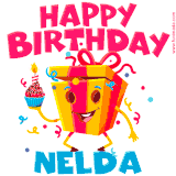 A vibrant and funny gift box character with a happy face dancing with a cupcake and the text 'Happy Birthday Nelda,' surrounded by animated confetti and party vibes.