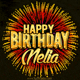 Golden 'Happy Birthday Nelia' text accompanied by animated rainbow fireworks for a festive animated greeting.