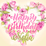 A stunning heart made of pink roses surrounds the elegant script text 'Happy Birthday Nelia' on a soft beige background. Animated sparkles add a magical and festive feel.