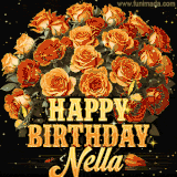 Animated bouquet of orange roses with moving butterfles and golden 'Happy Birthday Nella' text, surrounded by sparkling accents and a dark backdrop for a luxurious feel.