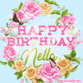 A charming animated GIF featuring 'Happy Birthday Nella' in pink and green text, surrounded by delicate roses, leaves, and fluttering butterflies on a soft light blue pastel background.
