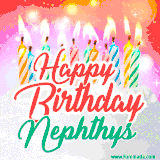 Bright birthday candles with rainbow flames on a cake, alongside the text 'Happy Birthday Nephthys' in vibrant script in this celebratory animated GIF.