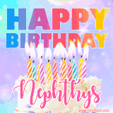 A vibrant animated name GIF with the words 'Happy Birthday Nephthys' with colorful candles on a creamy cake. The background sparkles with pastel shades, adding a festive touch.