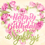 A stunning heart made of pink roses surrounds the elegant script text 'Happy Birthday Nephthys' on a soft beige background. Animated sparkles add a magical and festive feel.