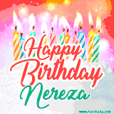 Bright birthday candles with rainbow flames on a cake, alongside the text 'Happy Birthday Nereza' in vibrant script in this celebratory animated GIF.