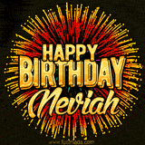 Golden 'Happy Birthday Neviah' text accompanied by animated rainbow fireworks for a festive animated greeting.
