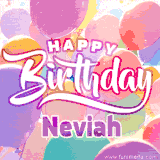 A vibrant name GIF featuring colorful balloons in shades of pink, orange, and yellow with the bold text 'Happy Birthday Neviah' in festive fonts, creating a lively birthday vibe.