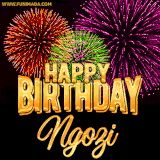 A golden 'Happy Birthday Ngozi' message with vibrant fireworks in the background, creating a festive and celebratory vibe in this animated name GIF.
